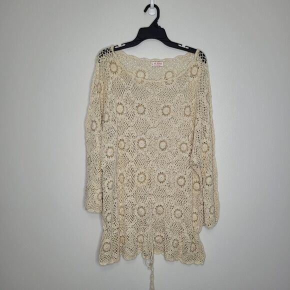 Tan crochet boho beachy hippie drawstring waist pullover top oversized - Picture 1 of 5